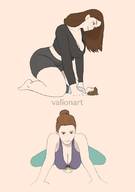 drawing blushing color cleavage brunette shrunken_man no_background looking_at_tiny valionart