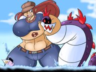 drawing long_hair cleavage wet huge_breasts red_hair muscles fighting boats outdoors hat freckles thick_thighs theenglishgent