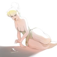 breasts drawing giantess blonde color large_breasts tongue cleavage saliva sitting tinkerbell looking_down disney thick_thighs no_background mouth_open hair_bun ohdesire