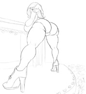 drawing monochrome high_heels huge_breasts boots bending_over indoors looking_back big_butt crowds maarthul