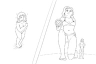 drawing nude monochrome long_hair shrinking unknown_artist shrunken_woman shrink_gun no_background