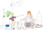 breasts drawing nude blonde color long_hair butt skirt shrinking multiple_sizes unknown_artist shrunken_woman pencil top lamp orange_hair scissor shrink_gun no_background glue safety_pin battery makeshift_clothing screws screwdriver