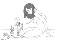 drawing black_hair long_hair barefoot topless ponytail sitting anal_beads collar shrunken_woman leash handcuffs vibrator no_background butt_plug