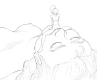 drawing nude monochrome long_hair sex ponytail sitting shrunken_woman oral_sex closed_eyes legs_spread no_background on_mouth