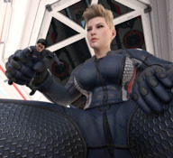 giantess blonde large_breasts armor clothed handheld short_hair sitting indoors boomgts digital_render