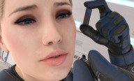 giantess blonde armor clothed smiling short_hair shrunken_man trapped looking_up indoors boomgts pinched digital_render