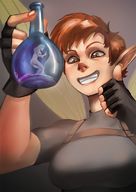 drawing wings large_breasts brunette smiling gloves short_hair shrunken_woman thumb inside_bottle pointed_ears in_bottle orange_(shrinkanon) princess_(shrinkanon)