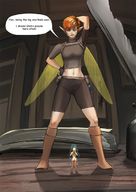 drawing wings color clothed shrinking fairy short_hair unknown_artist shrunken_woman looking_down magic indoors orange_eyes book dialogue orange_hair looking_at_tiny pointed_ears bare_midriff nude_tiny orange_(shrinkanon) princess_(shrinkanon)