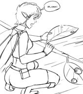 drawing wings monochrome short_hair unknown_artist kneeling shrunken_woman looking_down leaf pointed_ears