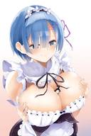 drawing blue_hair huge_breasts ribbon smiling short_hair shrunken_man between_breasts alice-magic