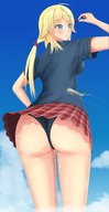 drawing panties giga upskirt blonde color long_hair butt blue_eyes handheld skirt legs airplane clouds sky idolmaster wind plaid_skirt kk meguru_hachimiya the_idolmaster_shiny_colors