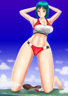drawing giantess giga city large_breasts long_hair destruction barefoot blue_hair underwear kneeling looking_down outdoors discarded_footwear kk