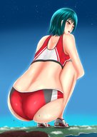 drawing blushing giga destruction clothed blue_hair short_hair looking_down sneakers crouching big_butt kk