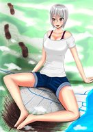 drawing giantess white_hair giga large_breasts destruction clothed cleavage short_hair sitting shorts legs_spread foot_prints kk