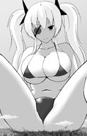 bikini drawing giantess giga city monochrome huge_breasts sitting twintails clouds legs_spread eyepatch edogtskagura