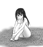 drawing giantess nude blushing giga city monochrome large_breasts long_hair destruction sweat sitting looking_down outdoors nervous edogtskagura