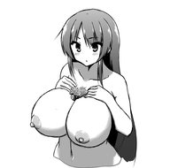 drawing giantess nude blushing giga monochrome long_hair huge_breasts looking_down no_background edogtskagura