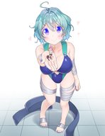 drawing large_breasts handheld barefoot blue_hair short_hair heart looking_up stirrups bomhat