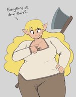 drawing giantess blonde large_breasts clothed elf axe thick_thighs thick sihagen between_breasts woodcutter