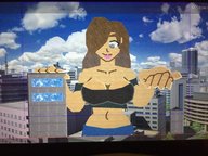 giantess city large_breasts long_hair cleavage buildings brunette smiling looking_down outdoors bare_midriff bentobox super_smash_bros._ultimate custom_stage