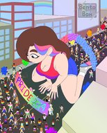 drawing giantess city large_breasts long_hair clothed cleavage brunette smiling sitting shorts walking looking_down outdoors top rainbow crowds parade bentobox hair_streak