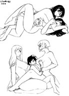 drawing monochrome black_hair long_hair sex huge_breasts mini_giantess lesbians hugging sharp_teeth thick_thighs no_background lazorchef