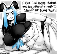 drawing black_hair long_hair bunny_ears bed huge_breasts mini_giantess bbw kissing looking_down smothering dialogue thick_thighs flushed lazorchef