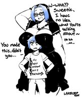 drawing nude blushing black_hair cleavage glasses blue_hair huge_breasts embarrassed mini_giantess bbw looking_down dialogue thick_thighs no_background lazorchef