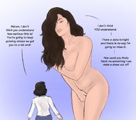 drawing nude long_hair smiling mini_giantess looking_down dialogue no_background covering_up sunny-d-lite