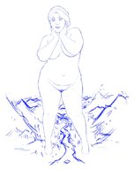 drawing giantess nude monochrome short_hair mountains outdoors covering_up