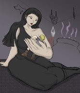 drawing black_hair long_hair clothed handheld cleavage huge_breasts smiling mini_giantess sitting looking_down indoors geoligar