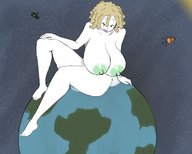 drawing giantess earth giga blonde space color planet huge_breasts smiling short_hair sitting looking_down satellite geoligar pale_skin sitting_on_planet