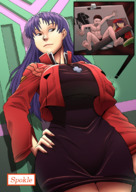 drawing giantess long_hair purple_hair smiling dress neon_genesis_evangelion shrunken_man necklace spokle misato_katsuragi