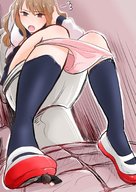 drawing panties large_breasts long_hair brunette socks sitting toilet looking_down open_mouth pinned under_foot shikida_ss