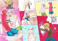 drawing vore comic large_breasts long_hair tongue licking cleavage pink_hair red_hair kissing shorts open_mouth dialogue panels annahketsuno