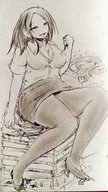 drawing giantess blushing city monochrome large_breasts long_hair destruction cleavage smiling sitting outdoors sitting_on_building ulzakino