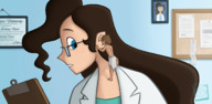 drawing color long_hair glasses brunette shrunken_man scientist indoors lab_coat clipboard on_shoulder dookspunk