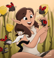 drawing color long_hair brunette smiling scared sitting shrunken_man hugging outdoors flowers ladybug pointed_ears dookspunk