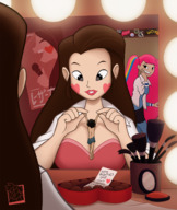 drawing large_breasts long_hair brunette smiling shrunken_man looking_down chocolate makeup valentines_day posters dookspunk