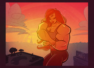 giantess city long_hair smiling red_hair muscles pool looking_down outdoors flexing sunset closed_eyes hugotendaz
