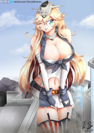 drawing giantess city blonde color large_breasts long_hair tongue clothed cleavage skirt buildings gloves navel walking looking_down thighs outdoors winking kantai_collection pinceldreams iowa