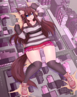 drawing giantess tail mega large_breasts long_hair destruction fox_ears lying_down licking_lips thick_thighs eddieween