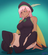 drawing wings large_breasts long_hair clothed smiling socks pink_hair looking_down dark_skin hat between_feet sheela no_background skintight_clothing