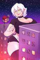 drawing white_hair cleavage huge_breasts socks short_hair shorts choker sheela looking_back earrings big_butt rooftop thick_thighs cramped pointed_ears