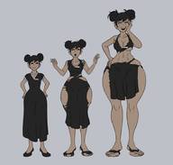 drawing growth large_breasts sequence smiling ripped_clothing thick_thighs no_background hair_buns homer-rier