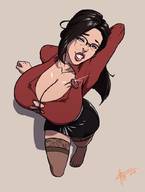 drawing growth long_hair clothed cleavage glasses huge_breasts stockings smiling ripped_clothing no_background zerohour99