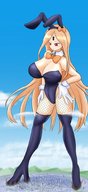drawing giantess city mega blonde long_hair bunny_ears destruction huge_breasts gloves boots fishnets looking_down bowtie arakata_ice