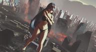 bikini giantess city long_hair destruction buildings blue_hair fire outdoors stretching hairband digital_render amagiharuna