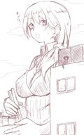 giantess city monochrome large_breasts surprised eating looking_down outdoors japanese_text sweat_drop niwakapoteto