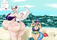 bikini drawing white_hair blushing beach ocean blue_hair huge_breasts fox_ears fox_tail short_hair mini_giantess teasing outdoors big_butt dialogue slapping sandcastle gunbarrenoclaude